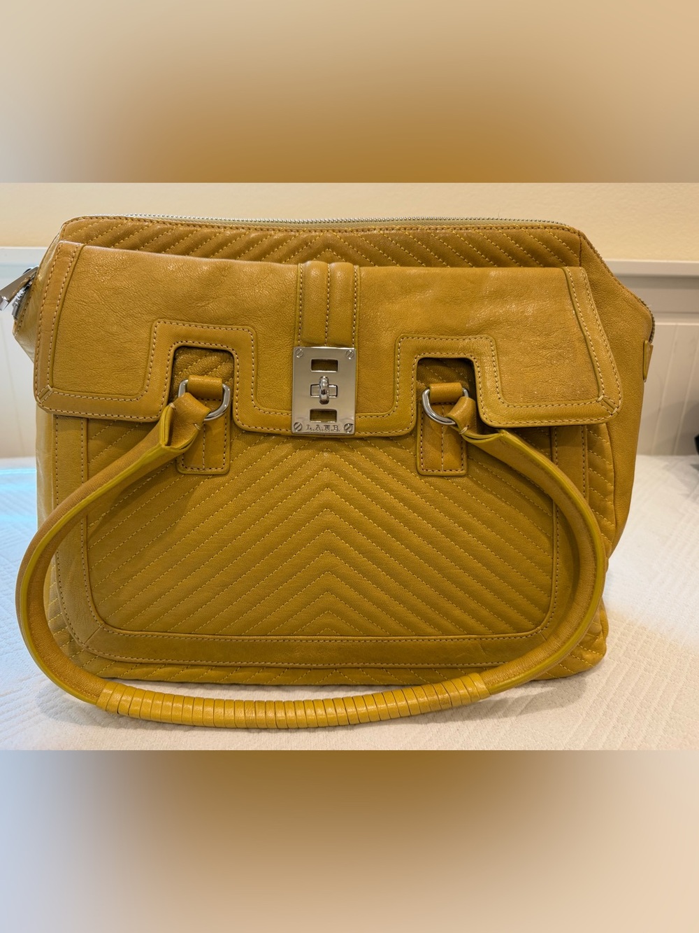 L.A.M.B. Mustard Quilted Chevron Leather Satchel with Silver Hardware